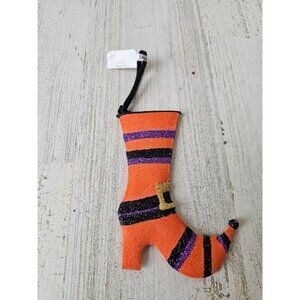 Pier 1 orange striped witch boot shoe glitter Halloween metal ornament sparkle t